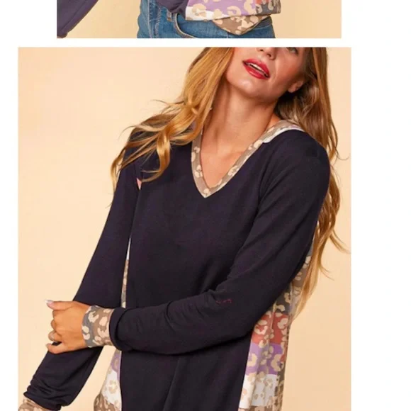 NWOT Navy Dark Top Blouse Multi Animal Print Color Hoodie M - Picture 3 of 6